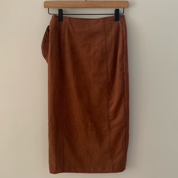 Anthropologie Lauren Faux Suede Wrap Tie Midi Skirt Brown Fall Thanksgiving - Picture 6 of 11